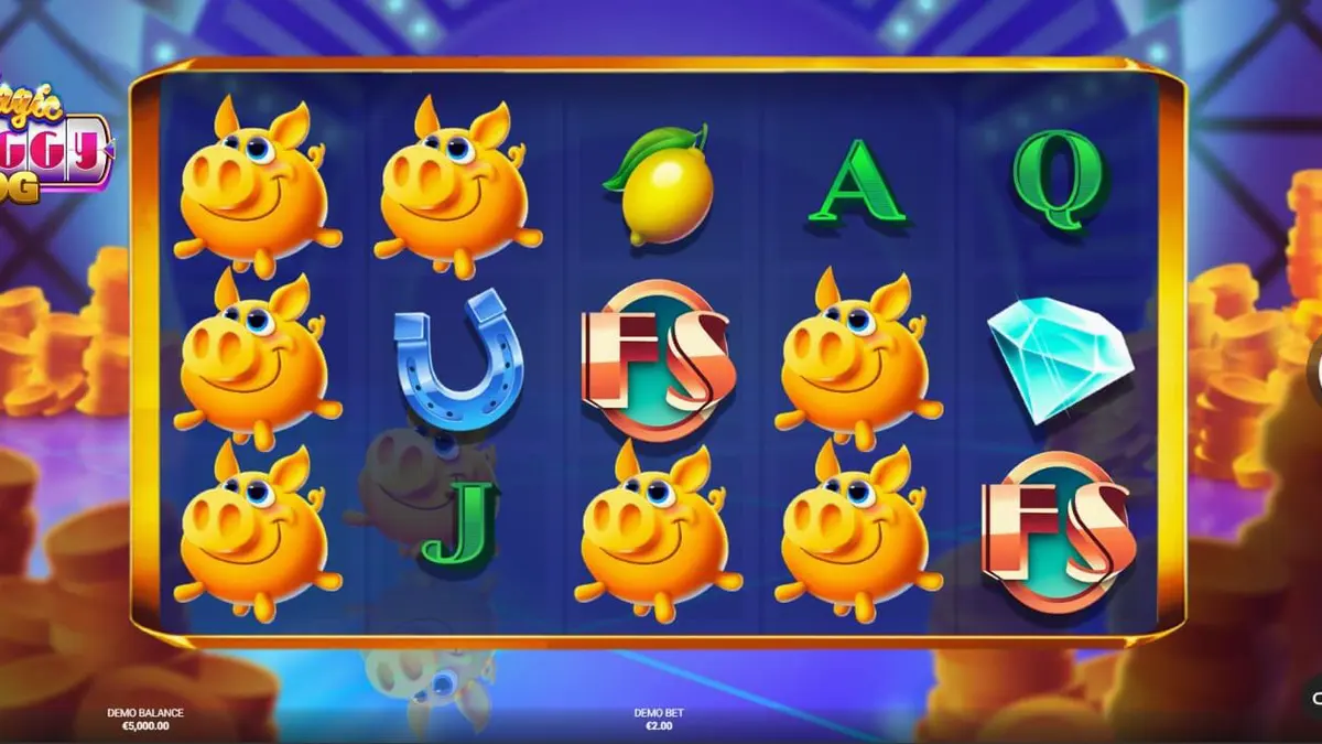 Interface do jogo Magic Piggy OG com símbolos brilhantes e temática de programa de auditório.
